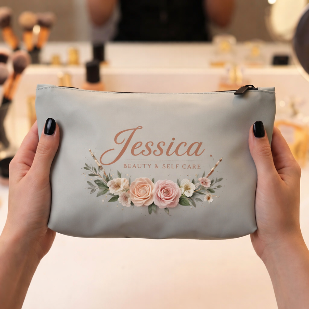 Personalized Soft PU Cosmetic Pouch with Zipper – Waterproof Travel Makeup Organizer Bag