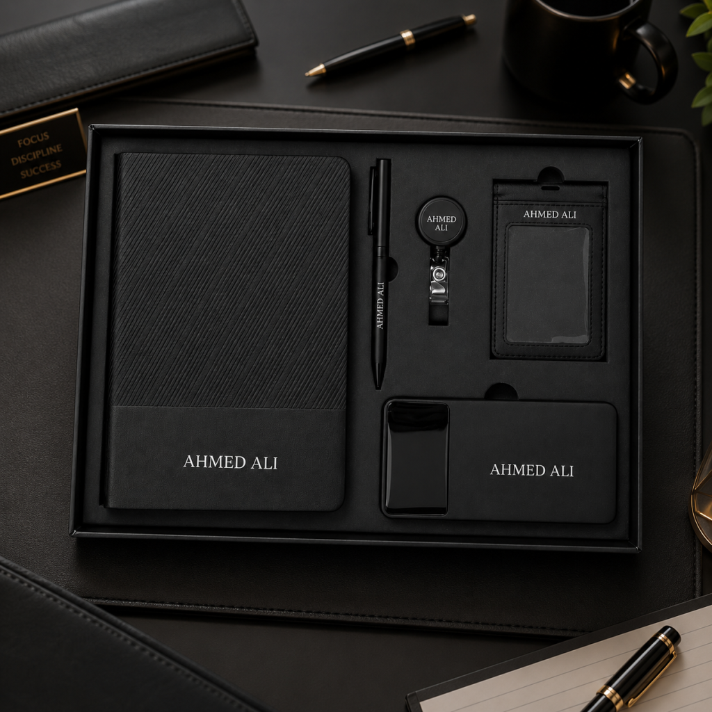 Personalized Premium Black Office Gift Set with Power Bank, Notebook, Pen & ID Holder