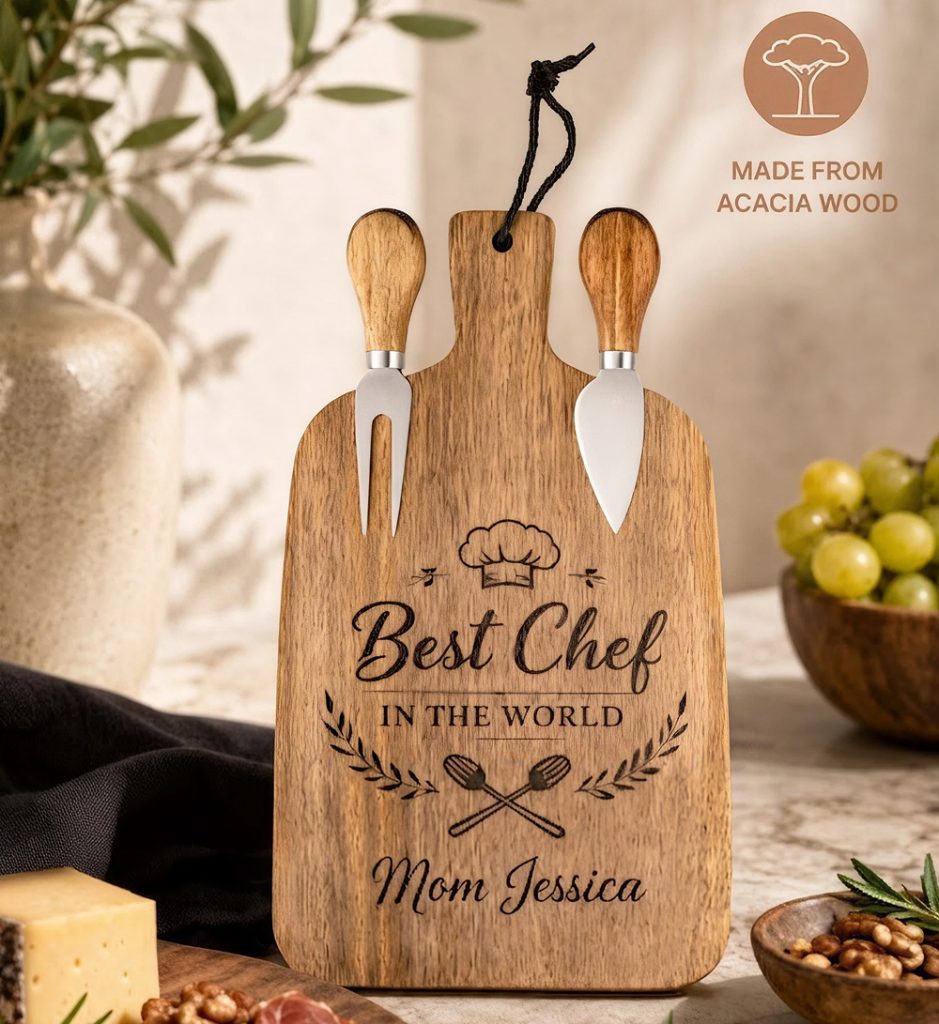 Personalised Acacia Wood Cheese & Serving Board Set with Knives – Custom Engraved Gift