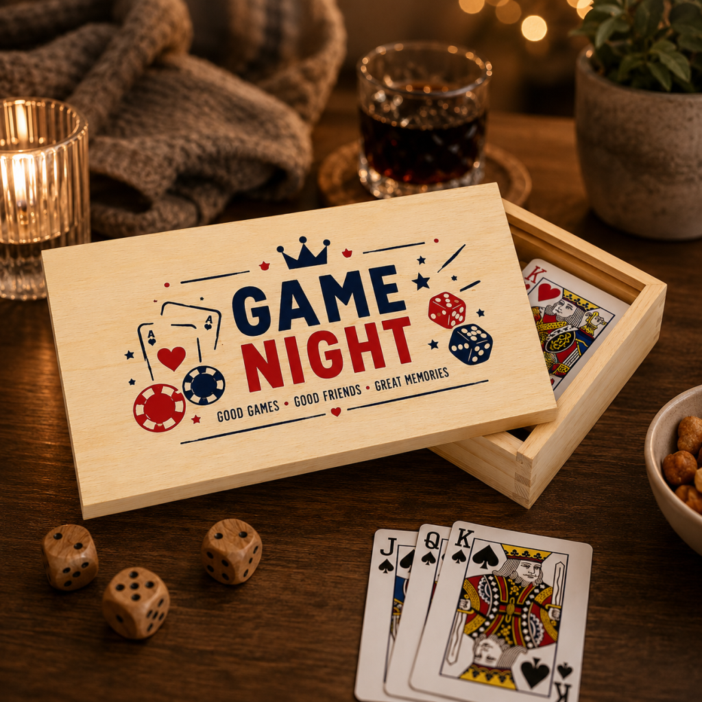 Personalized 2-in-1 Wooden Games Box with Cards