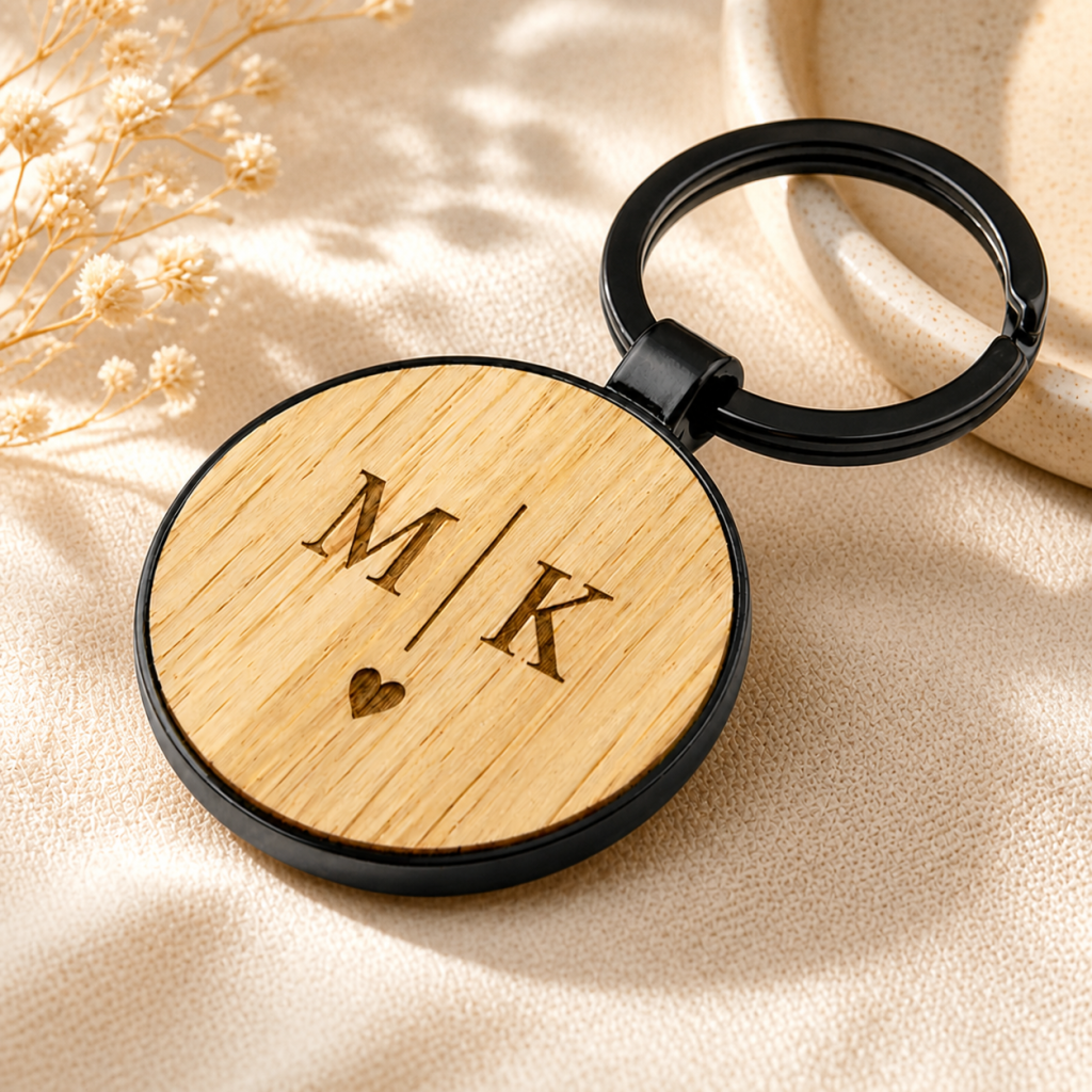 Personalized Round Bamboo Metal Keychain