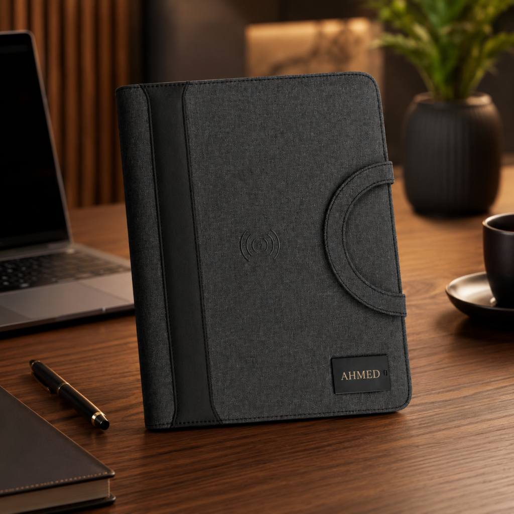 Personalized A4 Portfolio with 8000mAh Wireless Power Bank LED Logo