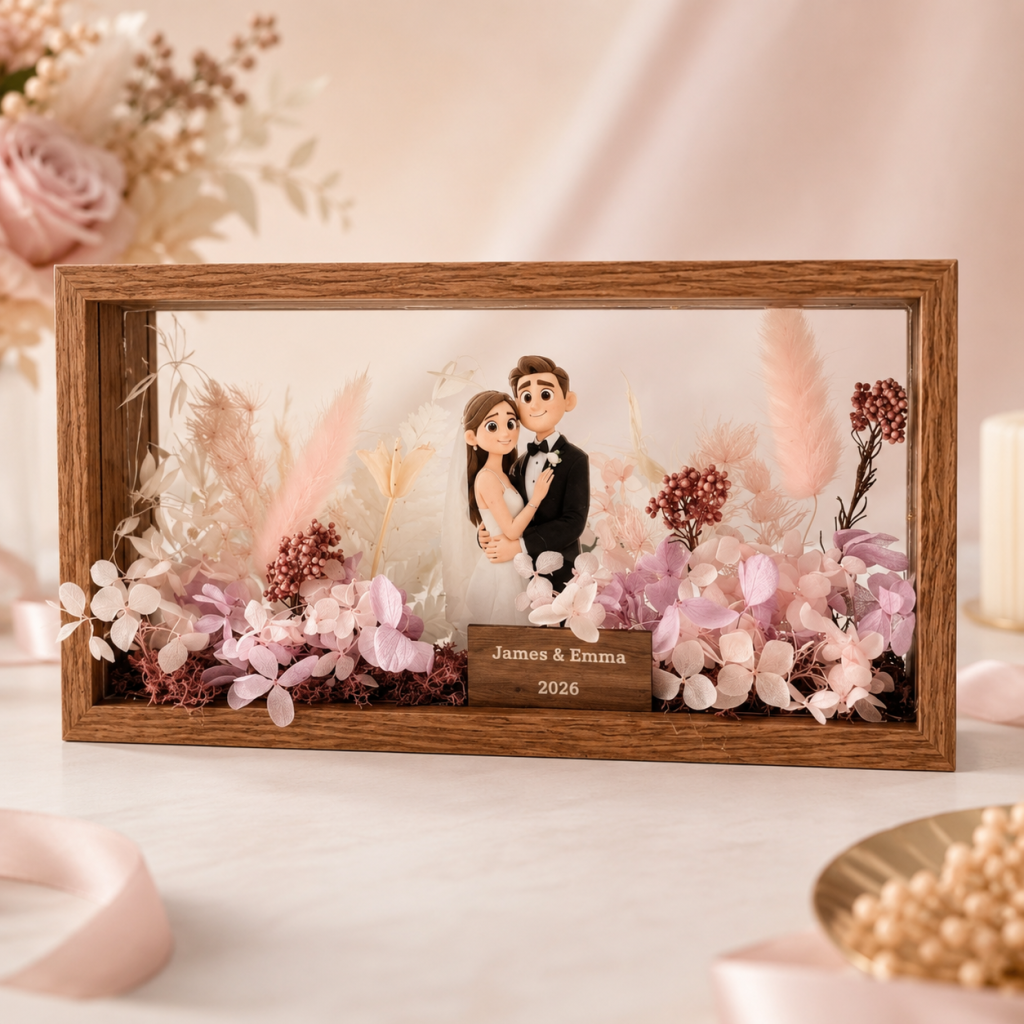 Personalized Wedding Couple Preserved Flower Shadow Box Frame