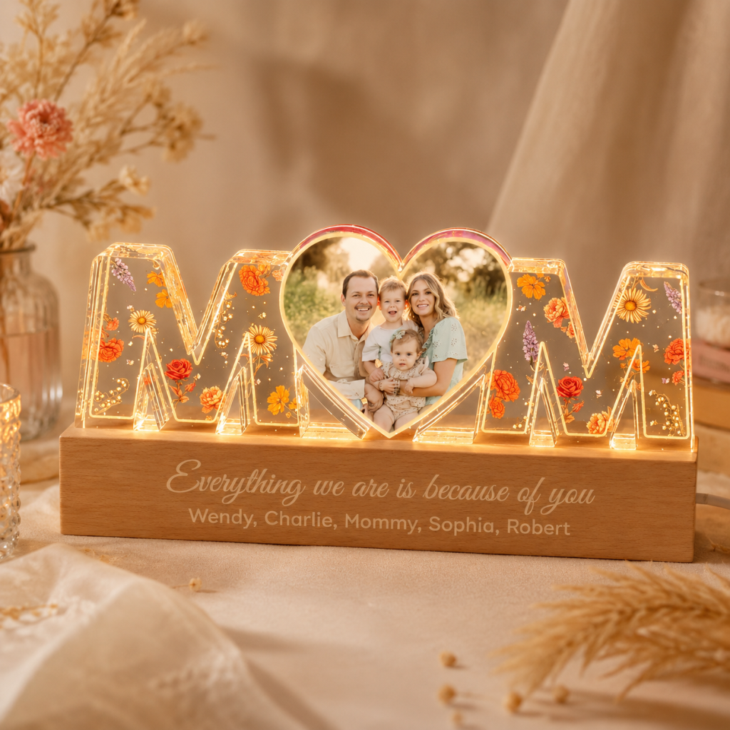 Personalized MOM Photo Acrylic Lamp with Wooden Base1
