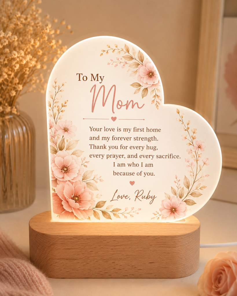 Personalized Mom Heart Acrylic Lamp with Wooden Base