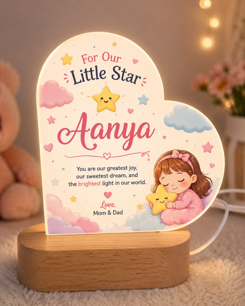 Personalized Kids Heart Acrylic Lamp with Wooden Base