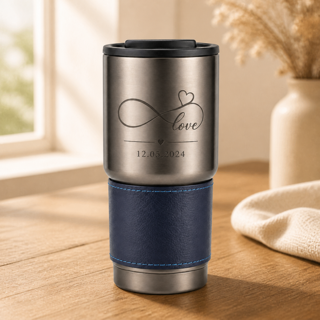 Personalised 530ml Insulated Stainless Steel Tumbler with Grip Sleeve – Blue