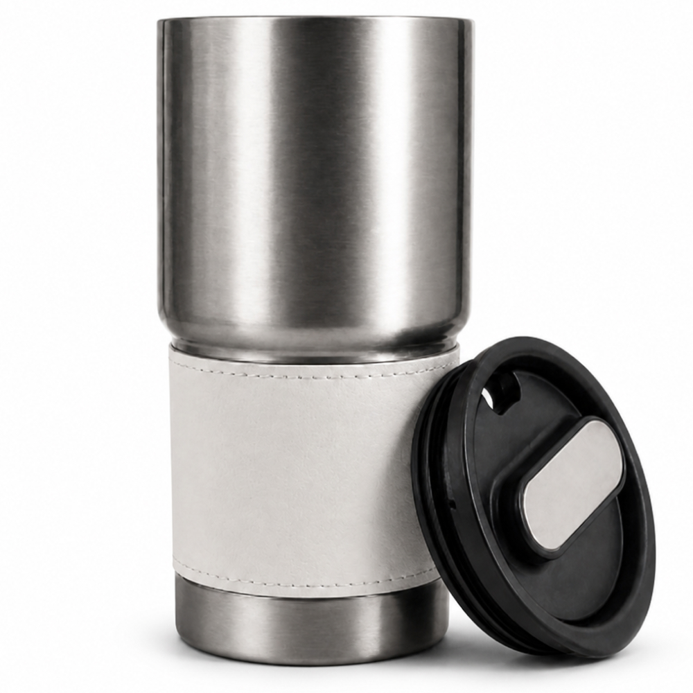 Personalized 530ml Insulated Stainless Steel Tumbler with PU Grip Sleeve – White