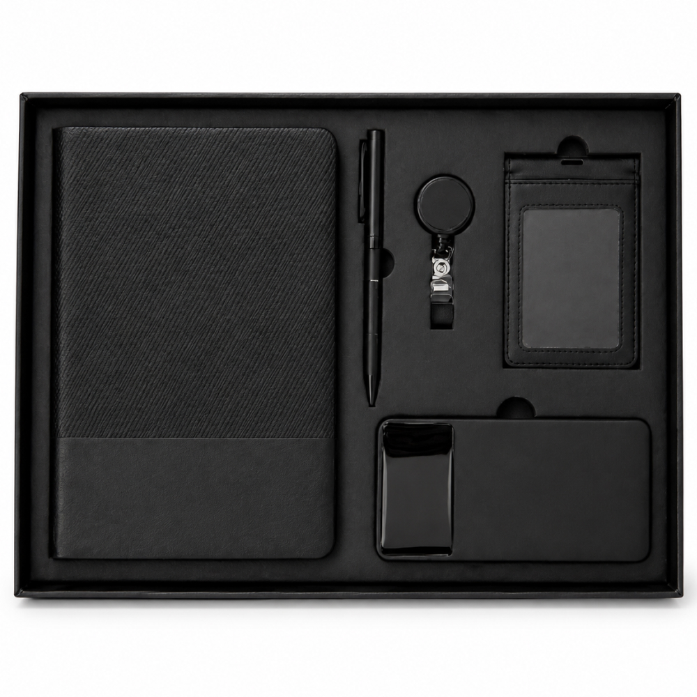 Personalized Premium Black Office Gift Set with Power Bank, Notebook, Pen & ID Holder