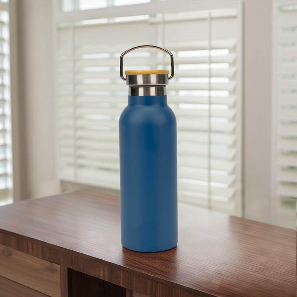 Personalized 500ml Double Wall Stainless Steel Vacuum Bottle with Bamboo Lid – Blue - Image 2