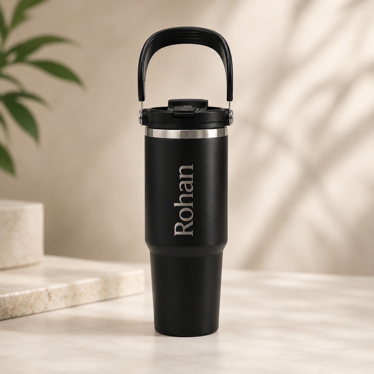 Personalized 900ml Stainless Steel Tumbler with Handle & Straw - Black