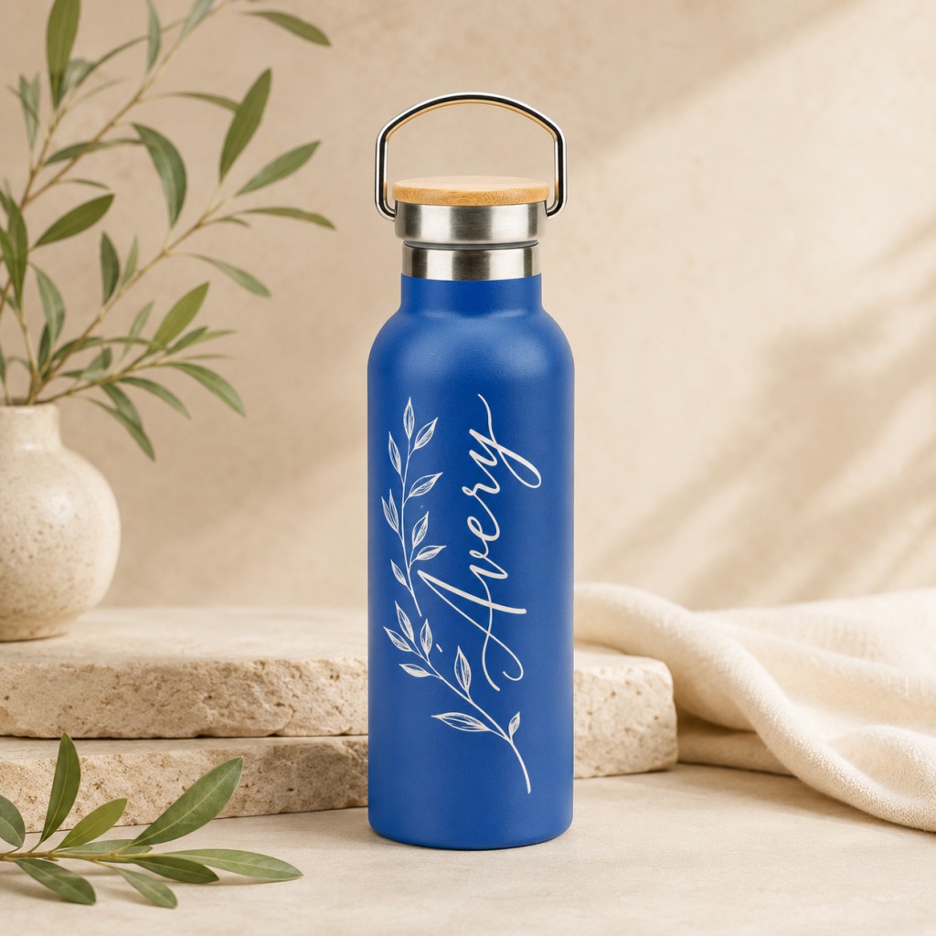 Personalized 500ml Double Wall Stainless Steel Vacuum Bottle with Bamboo Lid – Blue