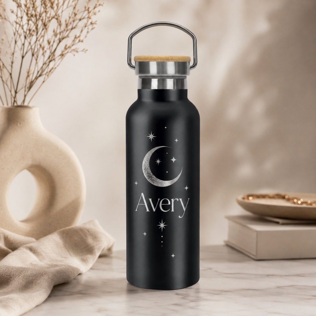 Personalized 500ml Double Wall Stainless Steel Vacuum Bottle with Bamboo Lid – Black