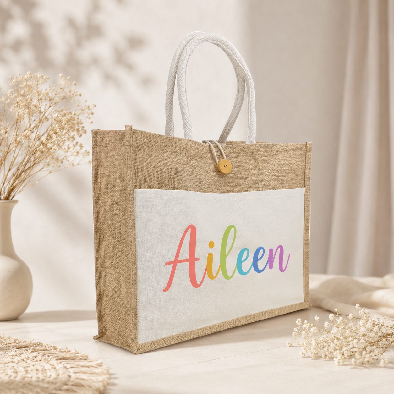 Personalized Jute Bag with pocket - White