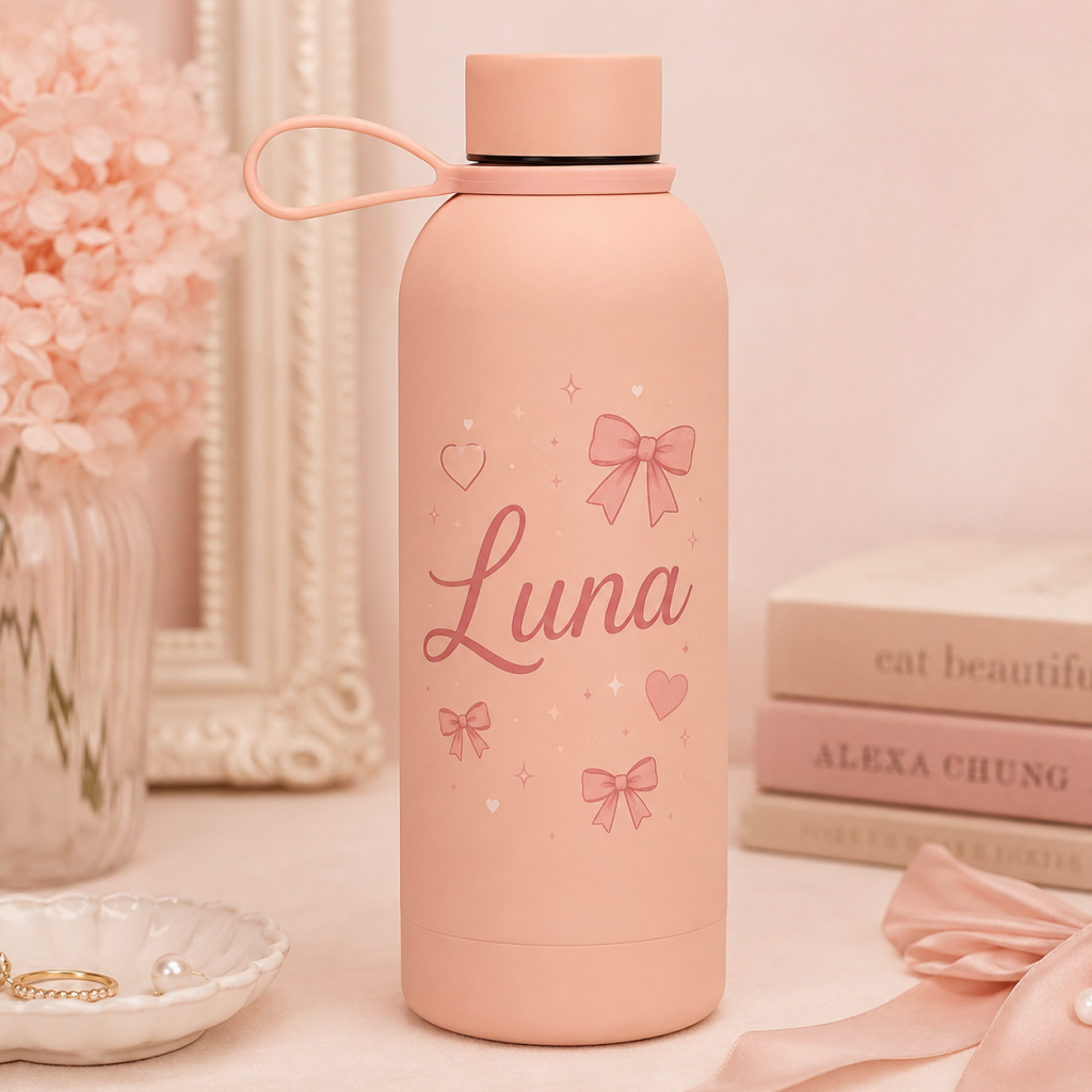 Personalized 500ml Double Wall Stainless Steel Vacuum Bottle with Silicone Loop - Peach